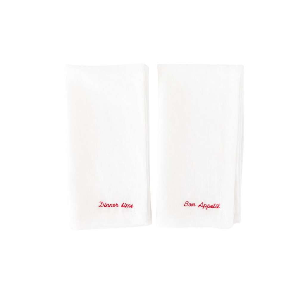 Embroidered Linen Napkins (Set of 2) – “Bon Appétit” & “Dinner Time” Edition