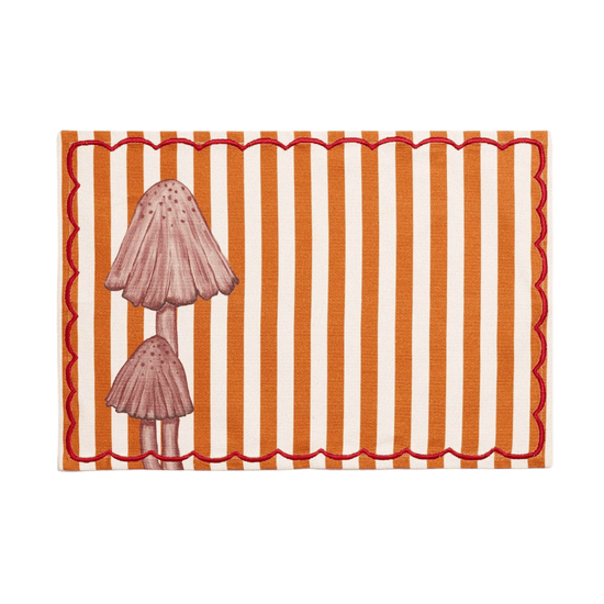 Orange Striped Mushroom Cotton Placemat With Red Embroidery