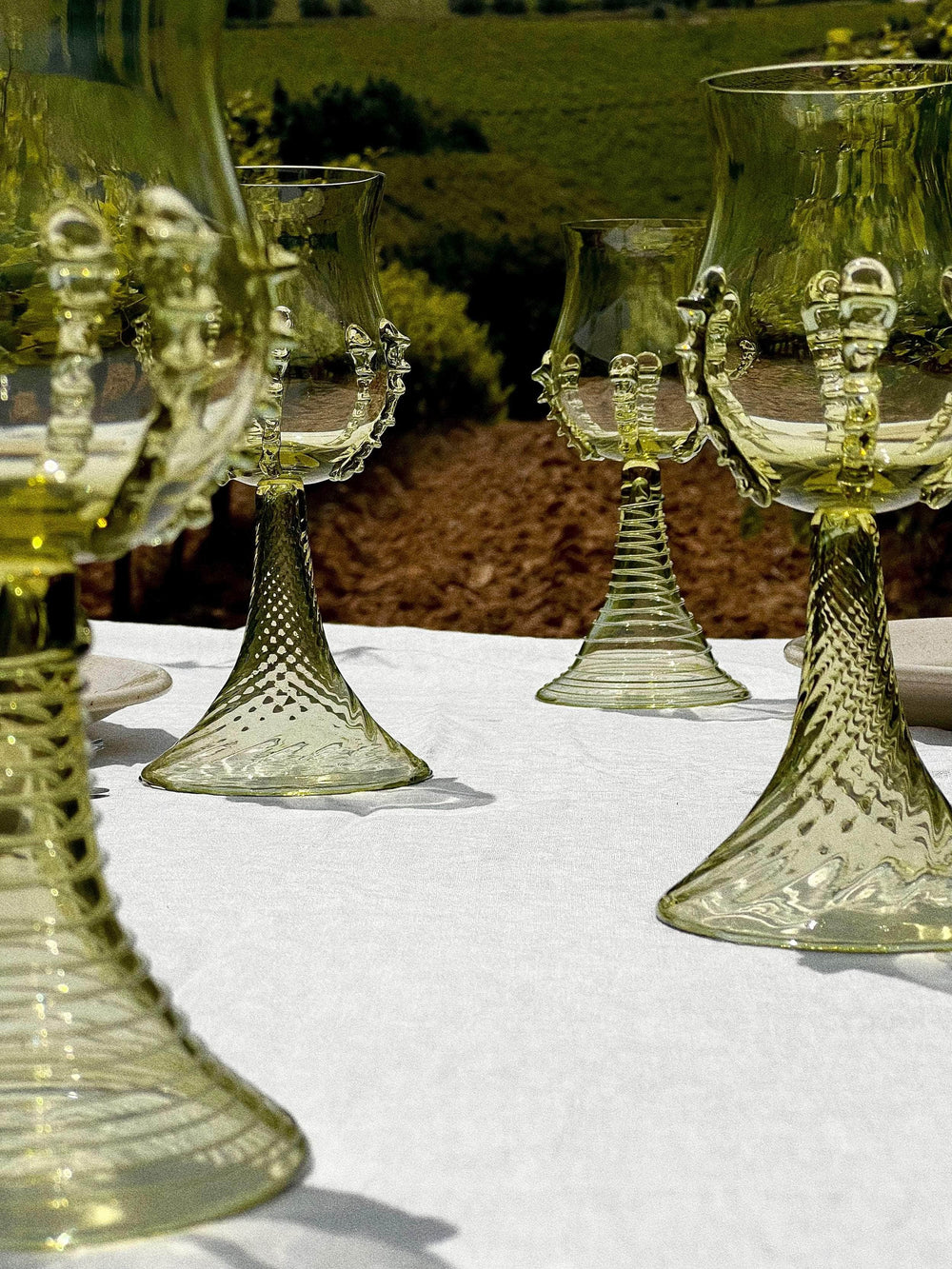 Mouthblown Wine Goblets Ribbed Green - Set Of Two