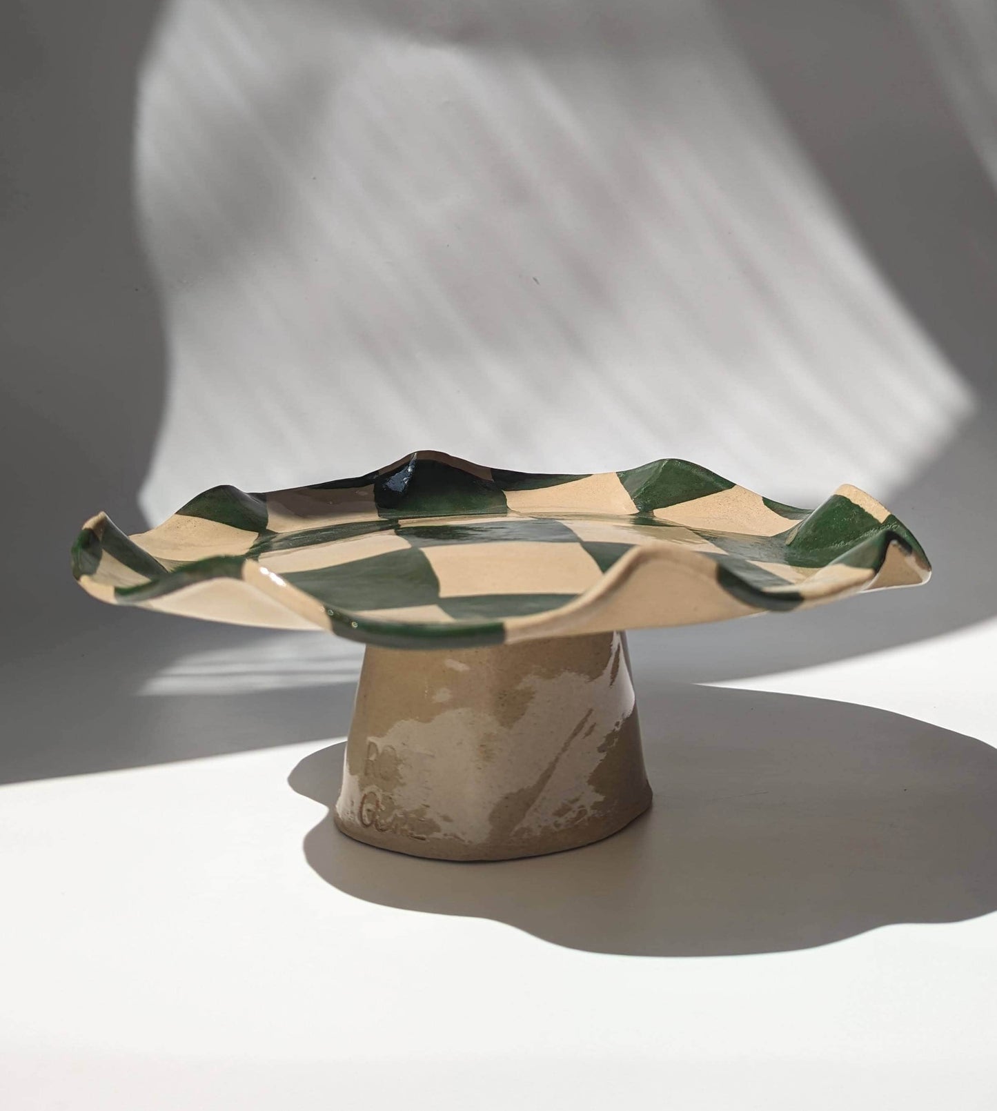 Green Wavy Check Pedestal Bowl