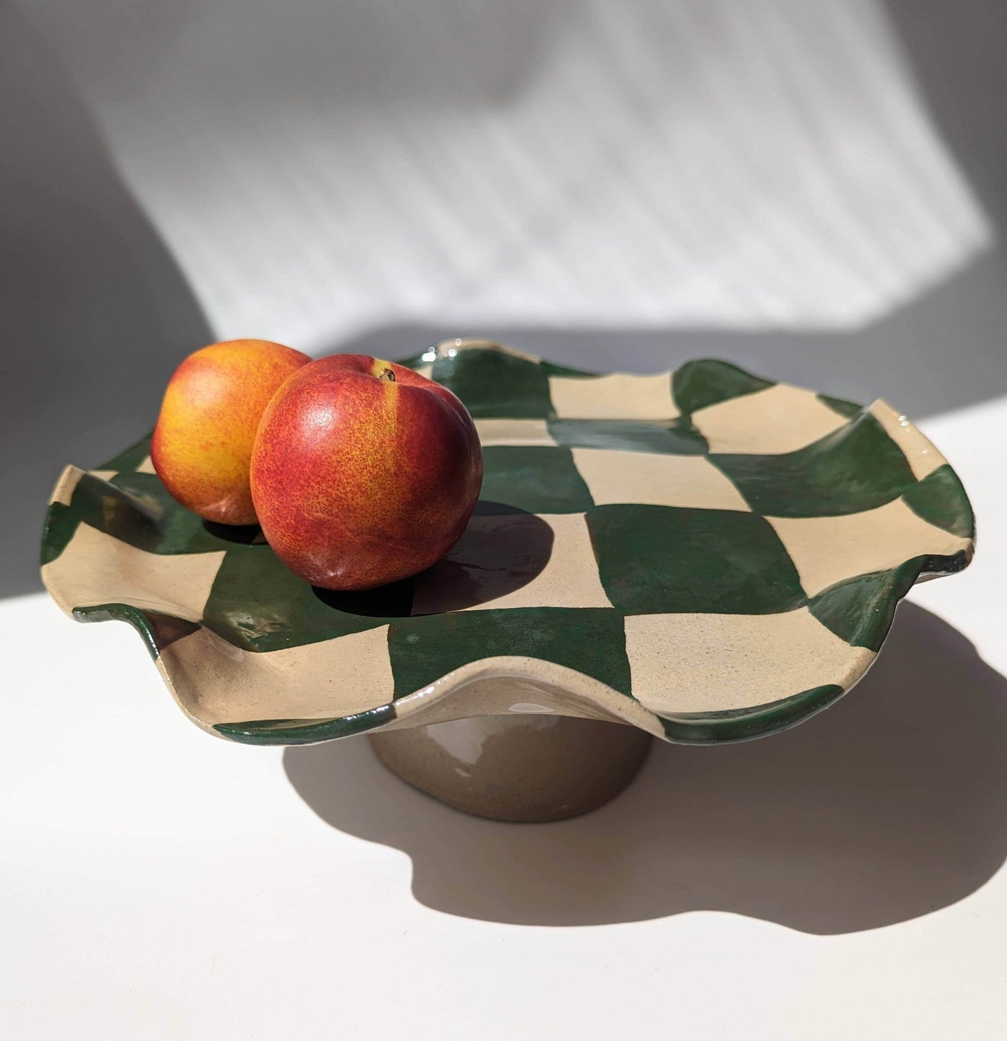 Green Wavy Check Pedestal Bowl