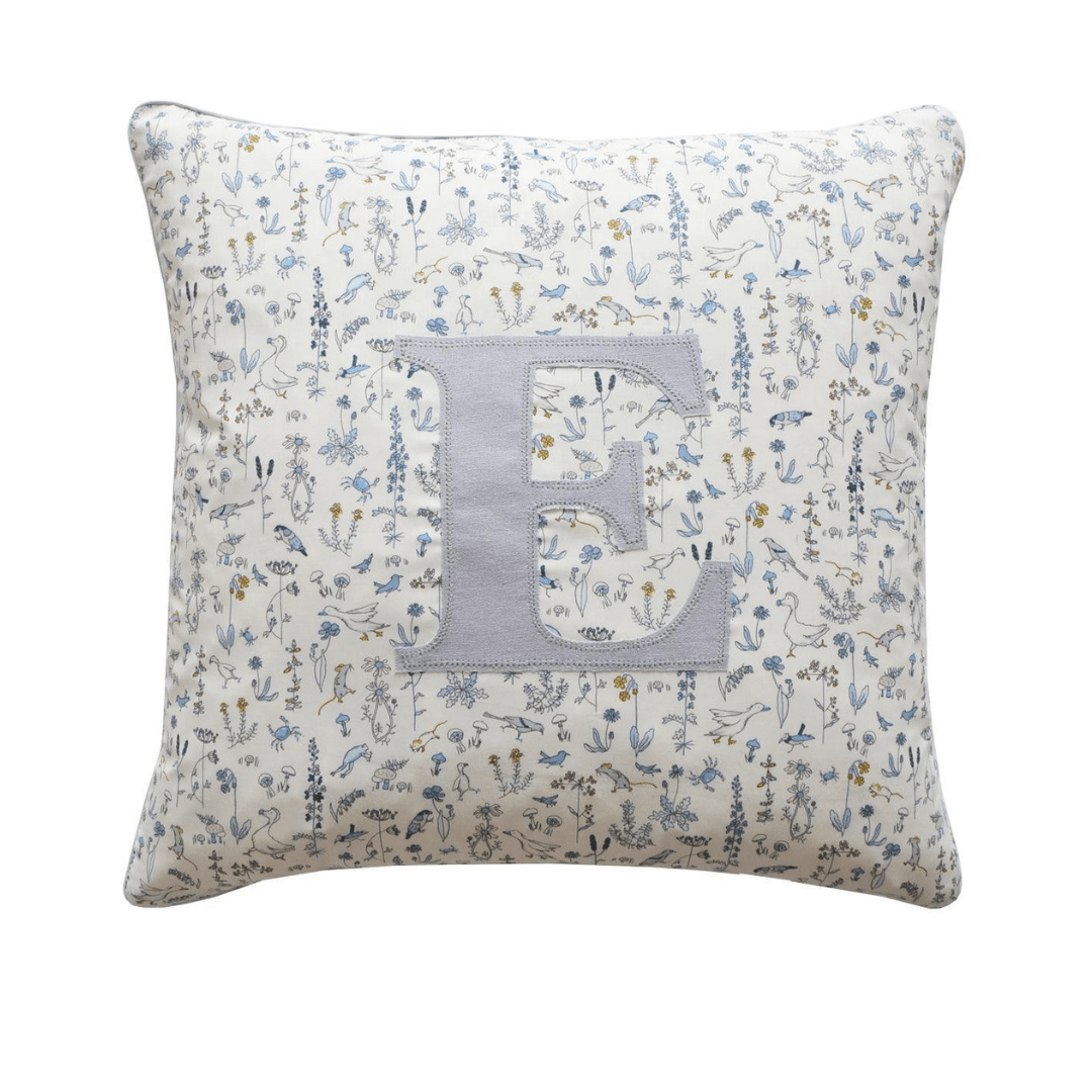 Piped Edge Personalised Cushion Made With Liberty Fabric Theo Blue