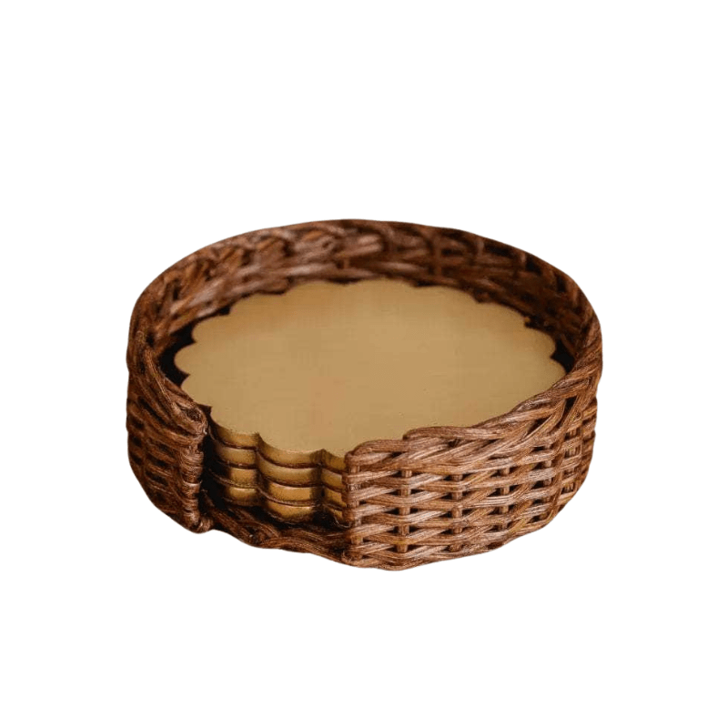 Scalloped Brass Coaster in Rattan Holder, Set of Four