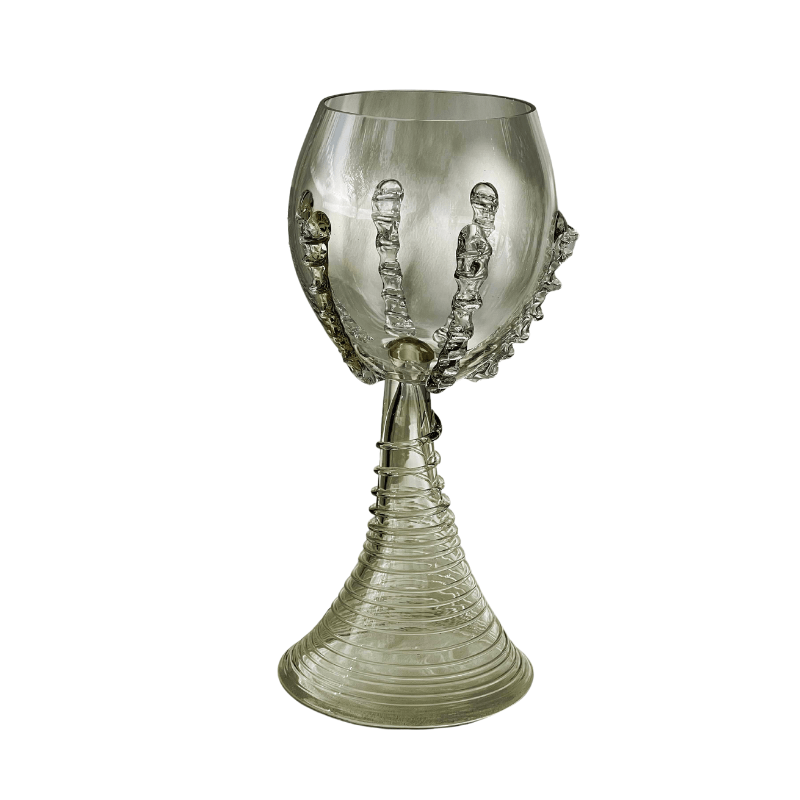 Tall Ribbed Green  Mouth Blown Wine Goblets - Set Of Two