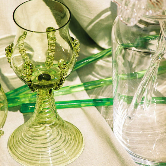 Mouthblown Wine Goblets Ribbed Green - Set Of Two