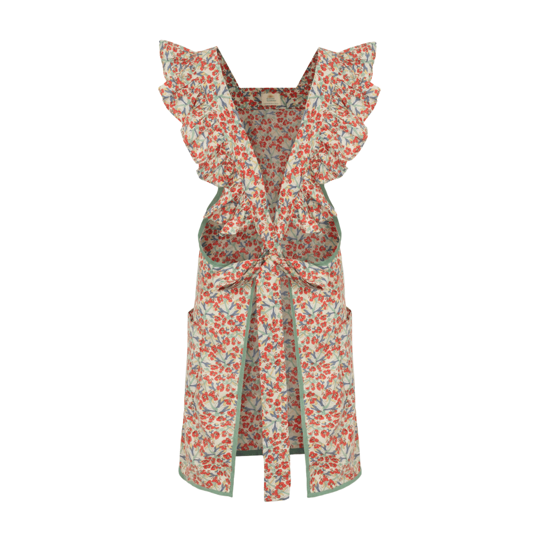 Full Frill Apron in Red and Green Printed Cotton Fabric
