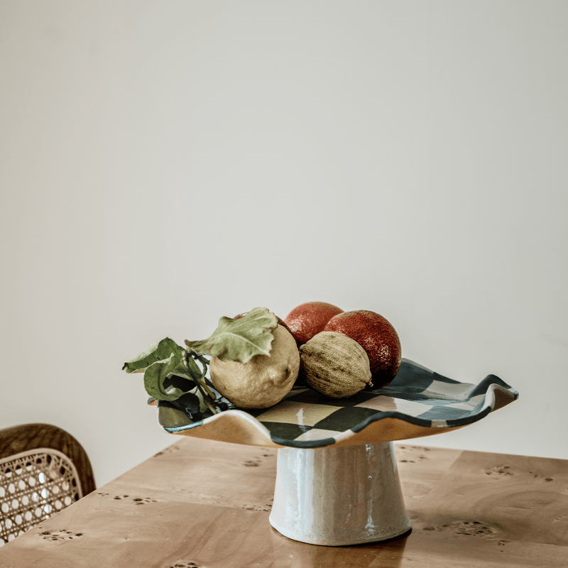 Green Wavy Check Pedestal Bowl