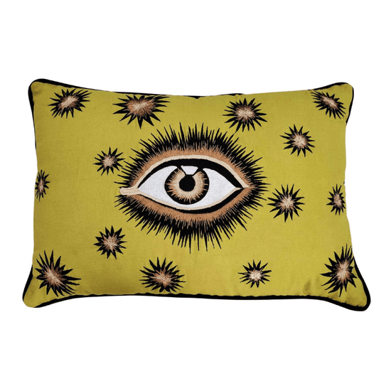 Hand Embroidered Cotton Eyes Cushion Yellow