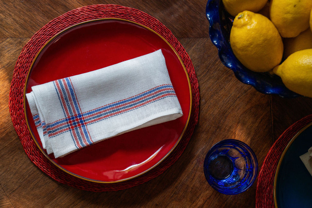 Set of 6 French Red & Blue Border Napkins