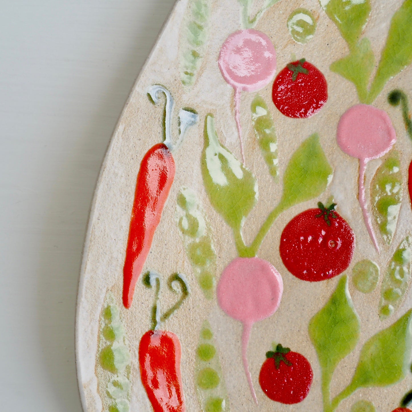 Handmade Ceramic Plate with Carrots Tomatoes Radishes & Peas