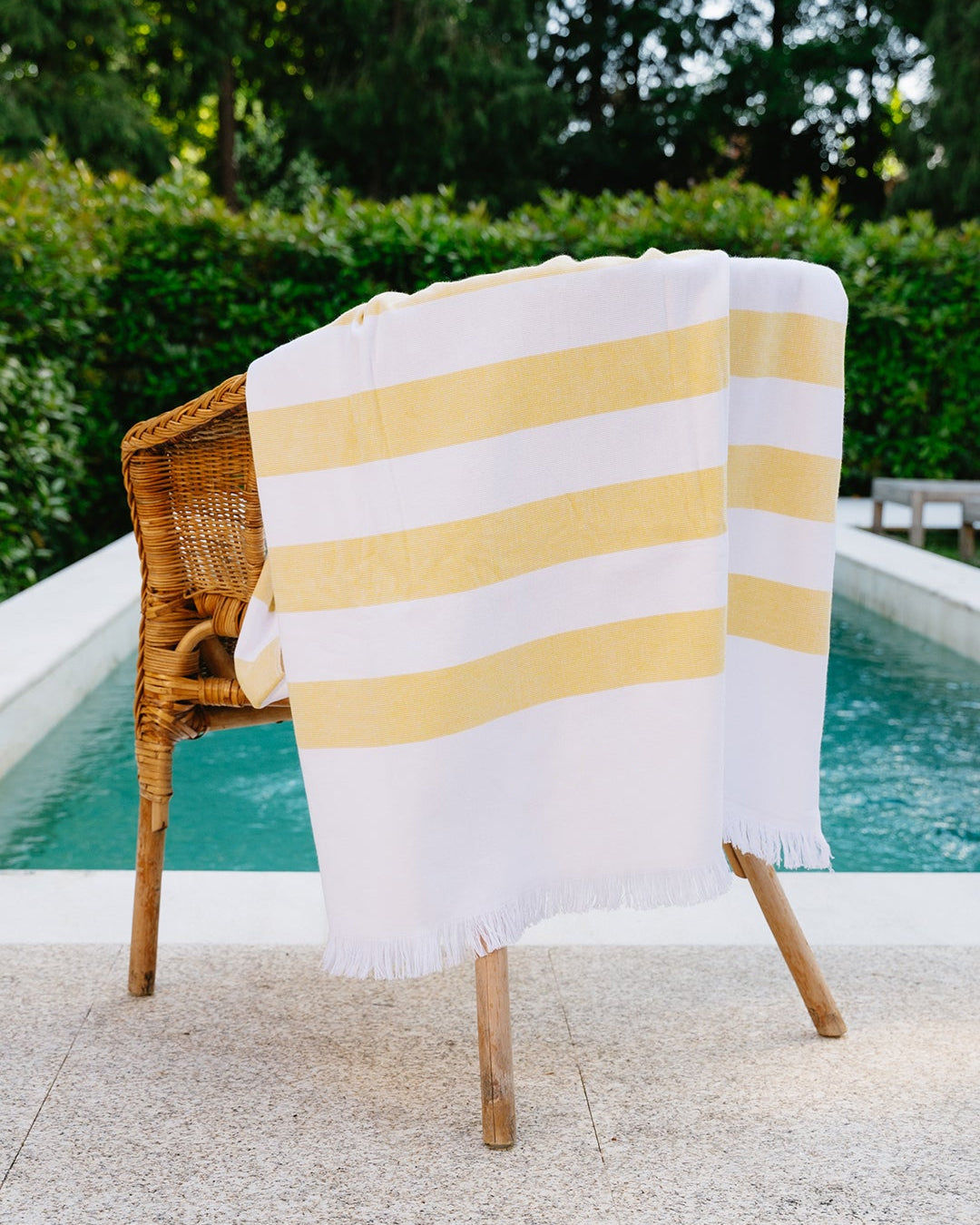 Striped Cotton Beach Towel with Frayed Edge - Yellow