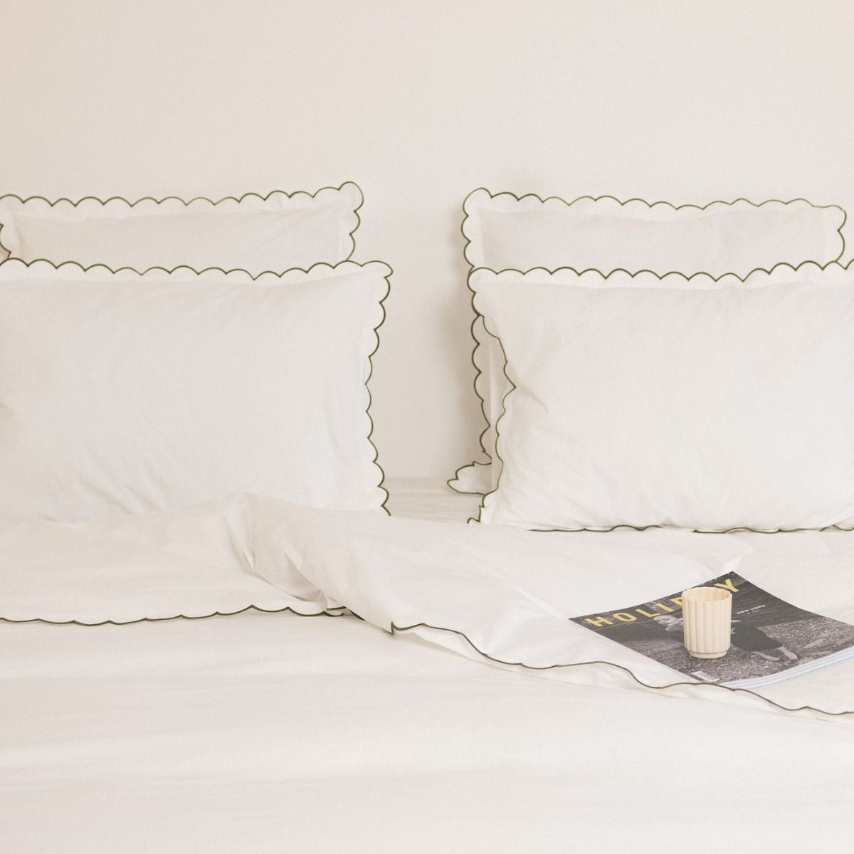 The Scalloped Bedding Set in White and Forest Green Cotton Percale