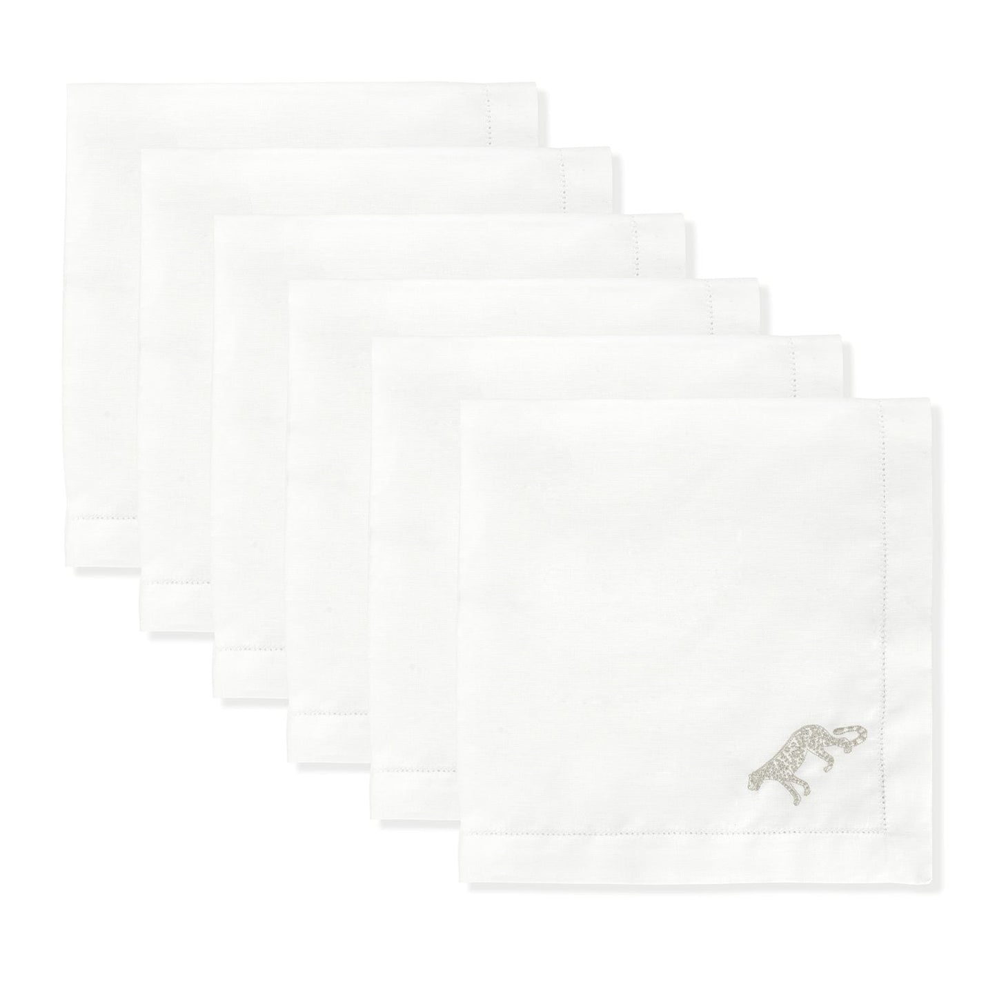 Set of 6 Large Hemstitch Napkins Ivory White Leopard Embroidery