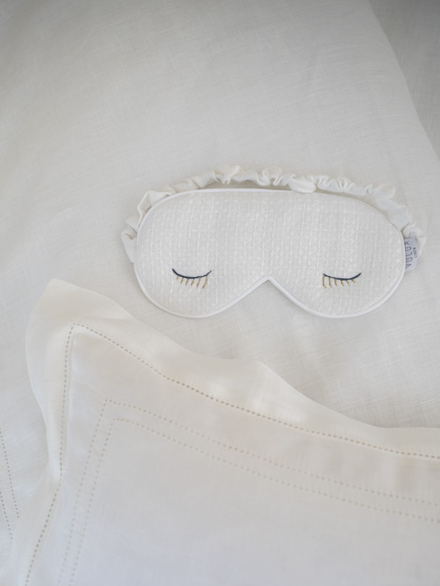 Eye Mask in Ivory White Waffle with Audrey Hepburn Inspired Embroidery