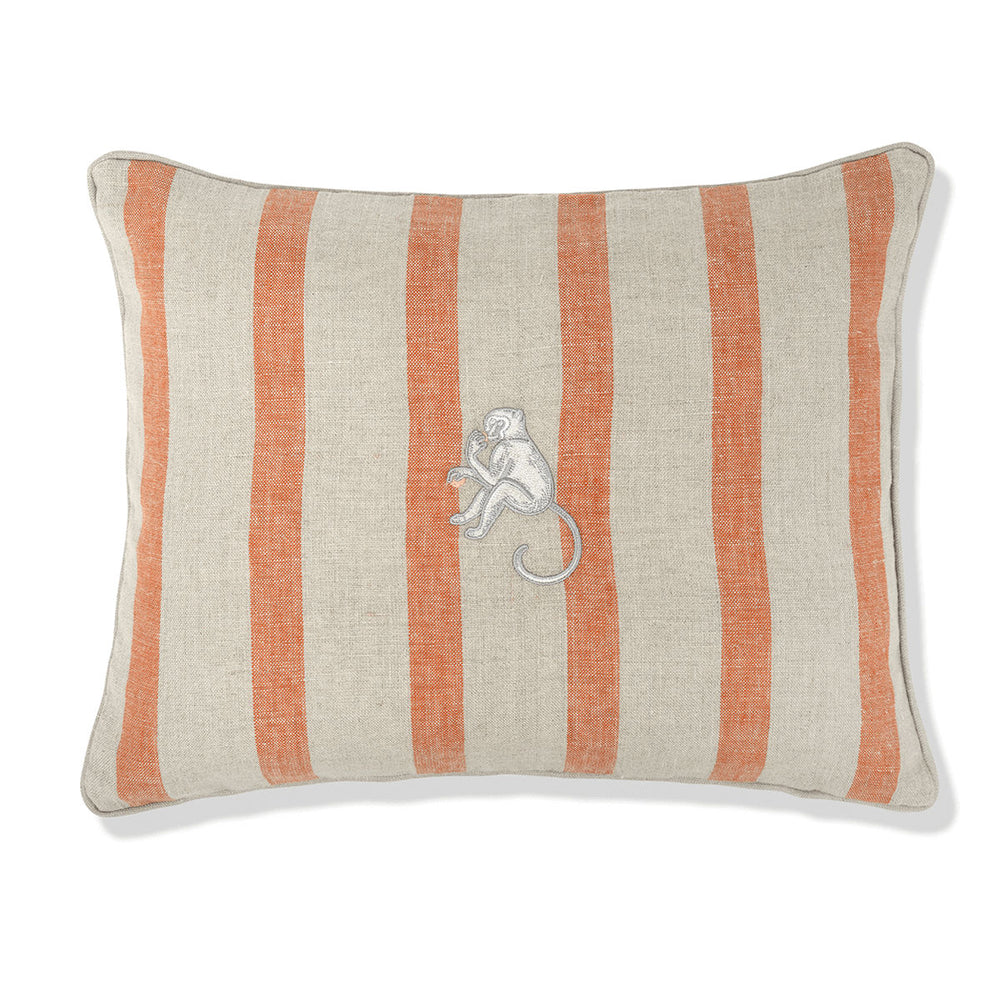 Bold Stripe Cushion in Terracotta with Dove Grey Trim and Monkey Embroidery