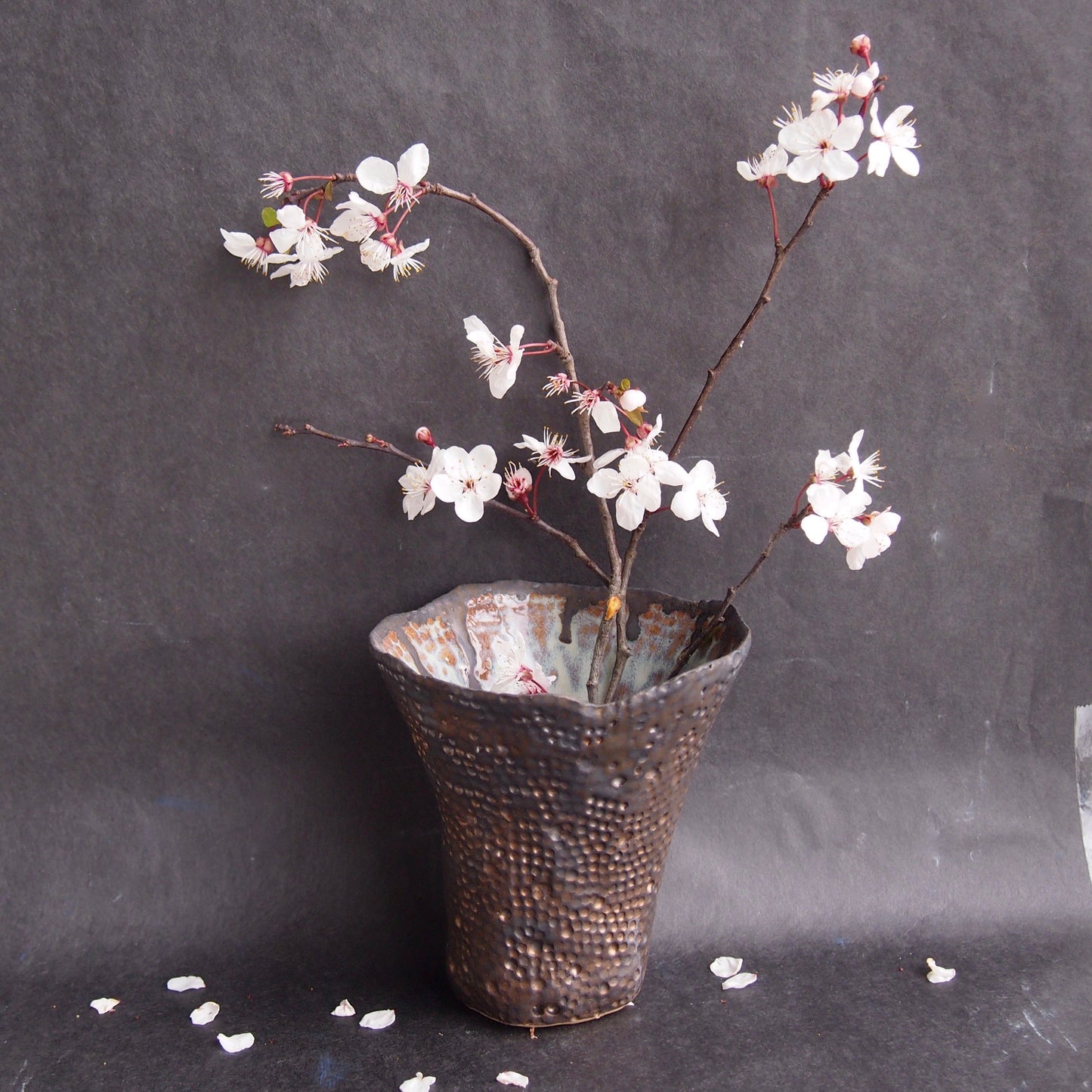 Handmade Bronze Dot Ceramic Vase with Blue Brown Swirly Interior