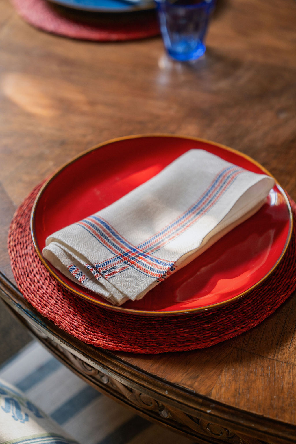 Set of 6 French Red & Blue Border Napkins