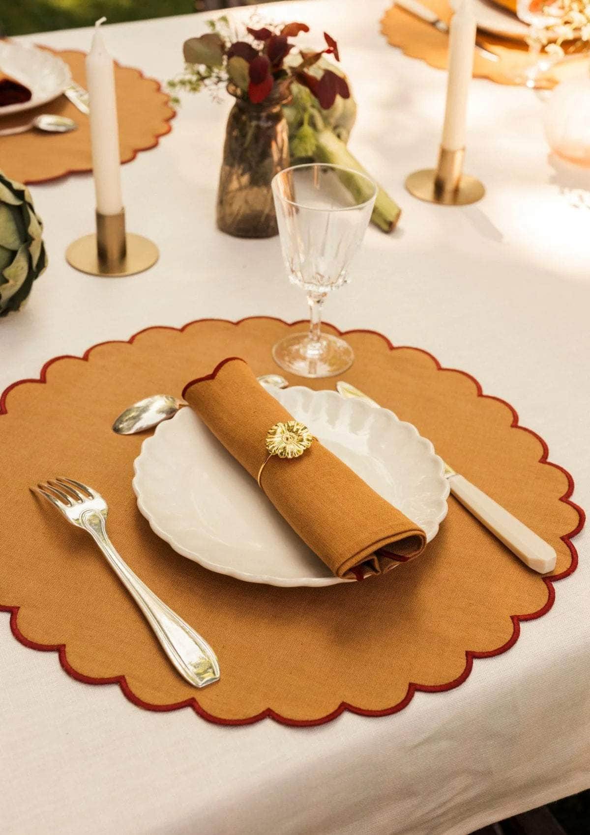 The Yellow and Red Ochre Linen Scalloped Round Placemats (Set of 2)