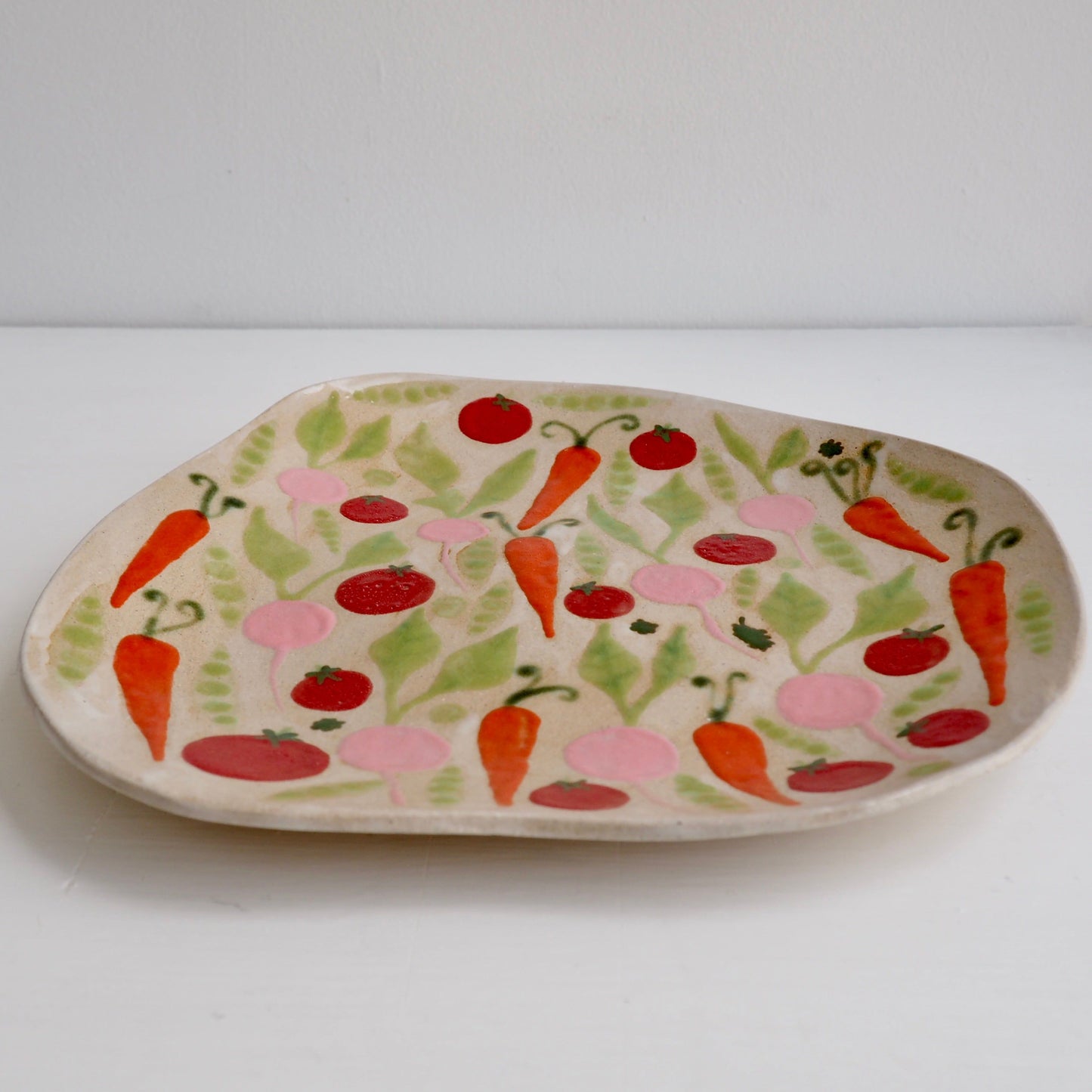 Handmade Ceramic Plate with Carrots Tomatoes Radishes & Peas