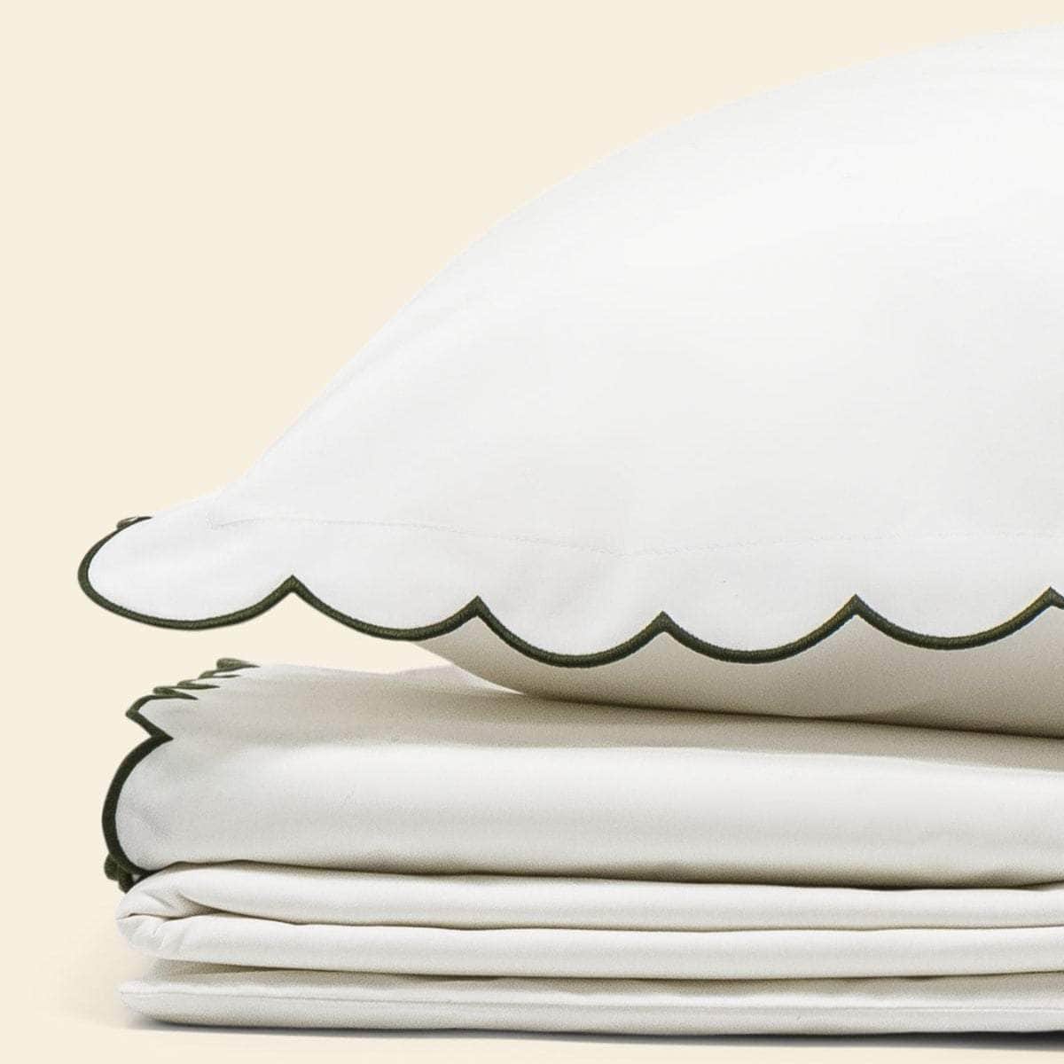 The Scalloped Bedding Set in White and Forest Green Cotton Percale