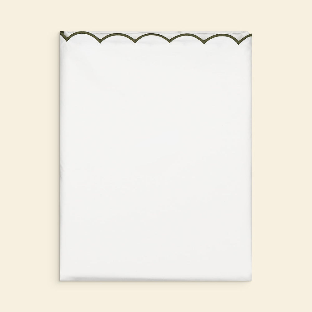 The Scalloped Duvet Cover in White and Forest Green Cotton Percale