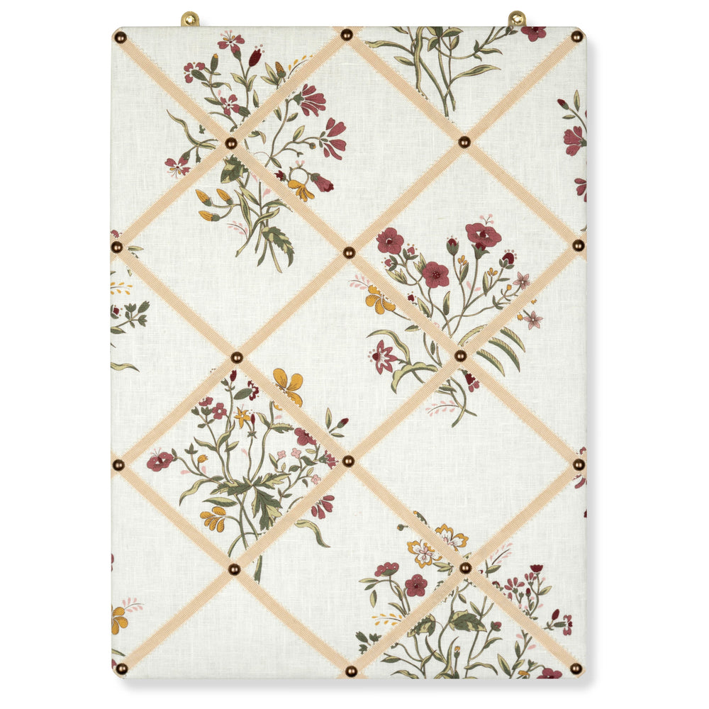 Ribboned Bulletin Board in Volga’s Flax & Field Flower Scarlet Print with Macadamia Trim