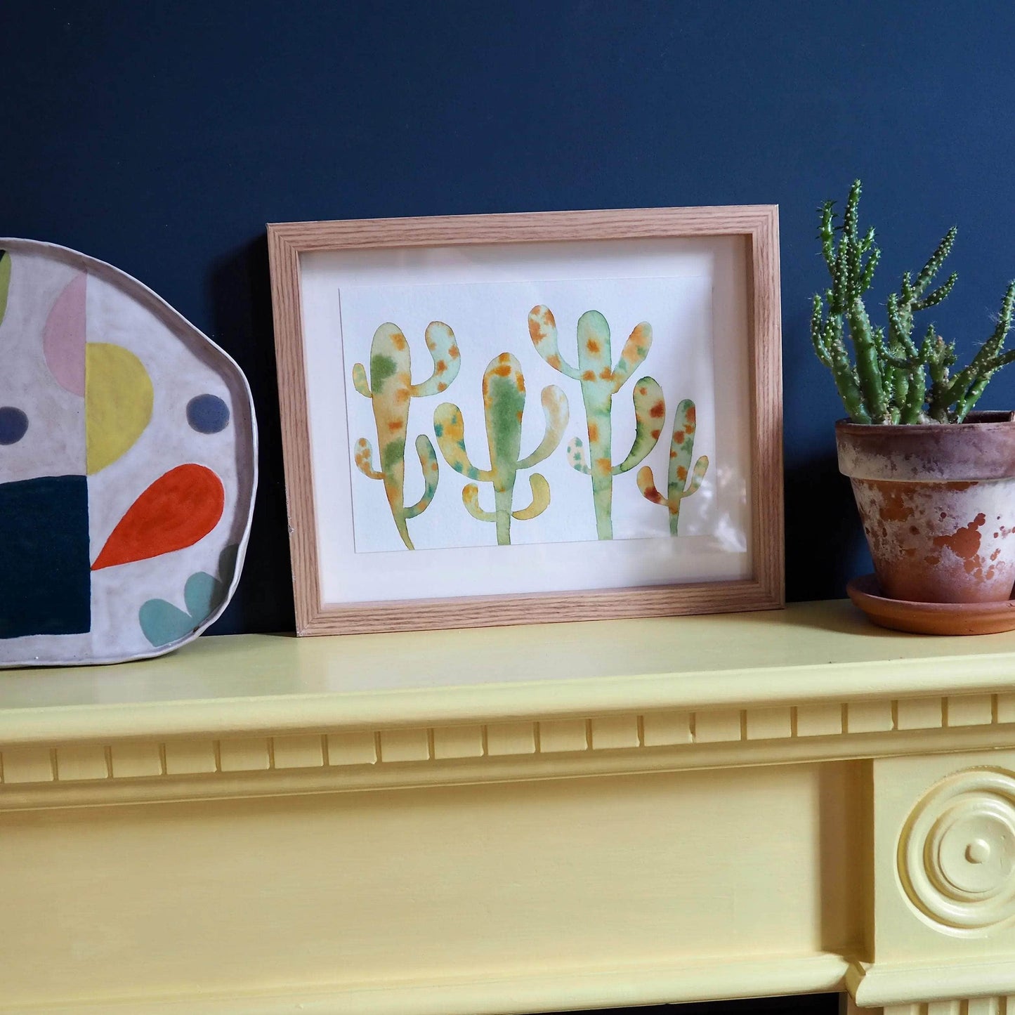 Original Cactus Watercolour Painting In Green And Yellow Shades