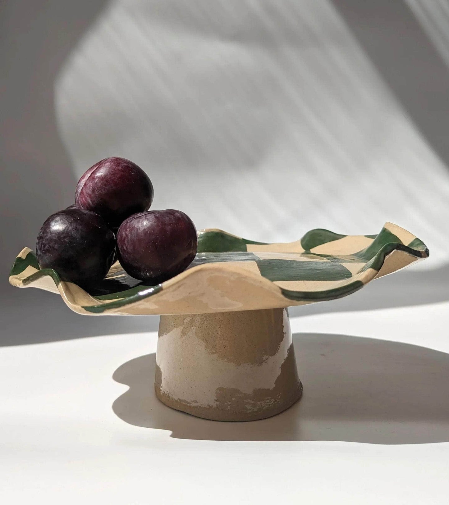 Green Wavy Check Pedestal Bowl