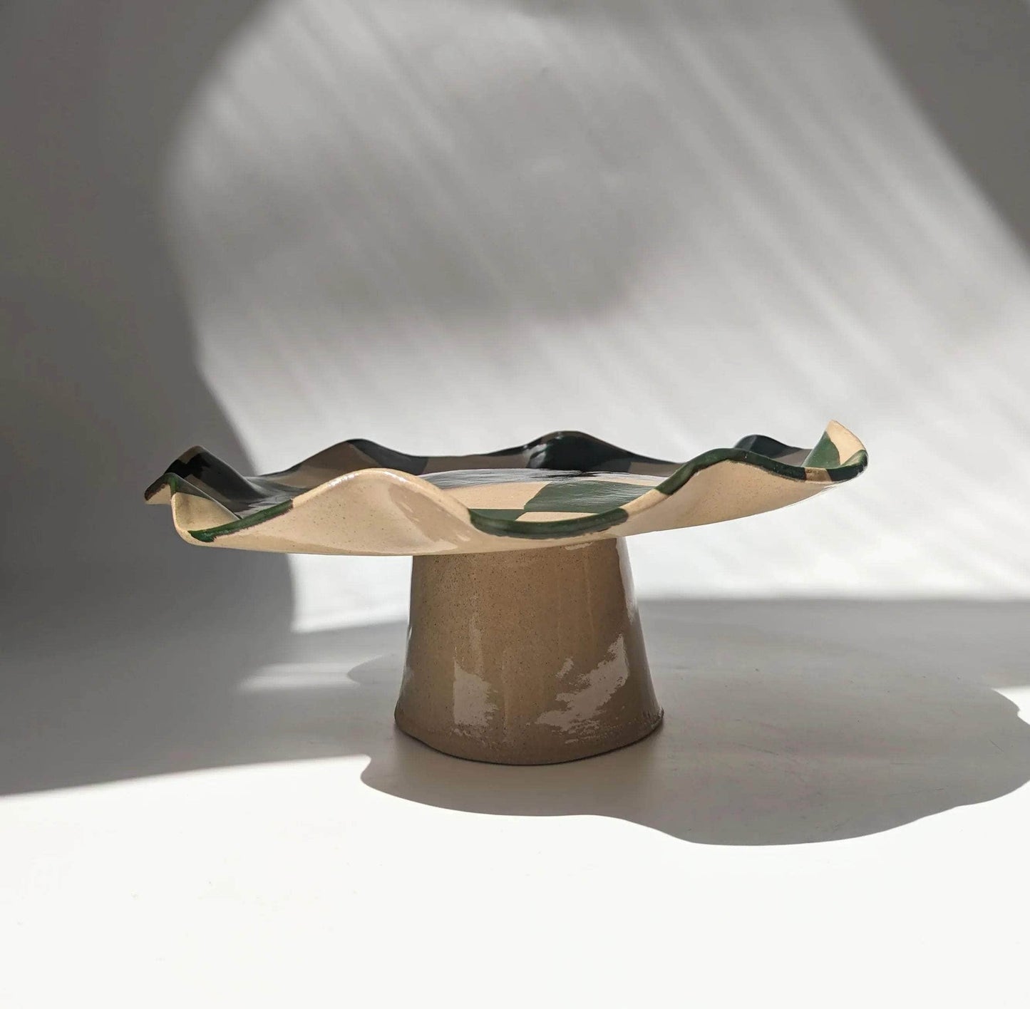 Green Wavy Check Pedestal Bowl