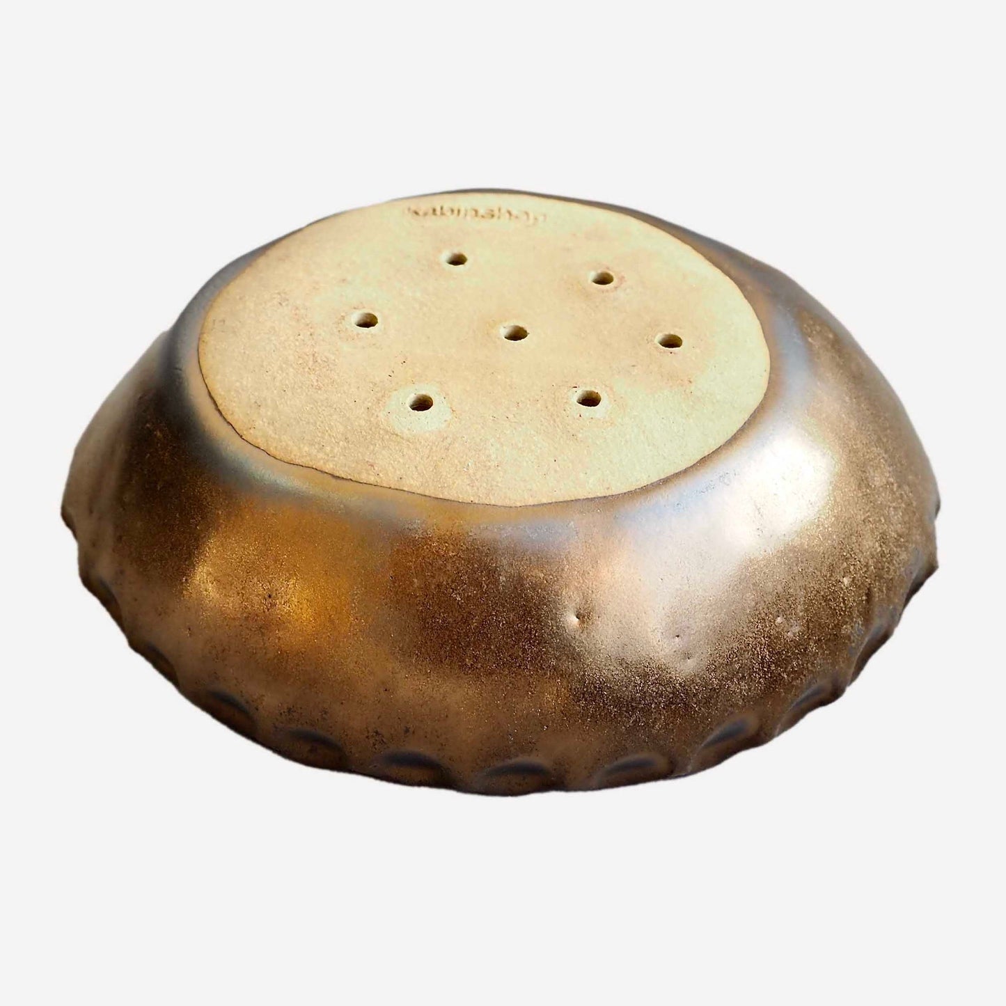 Handmade Pink and Gold Oval Ceramic Soap Dish with Scalloped Top Edge