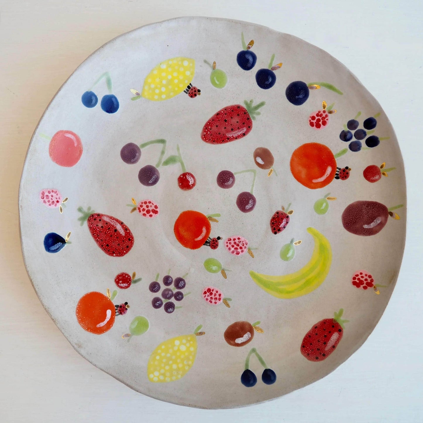 Handmade Large Ceramic Fruit Bowl with Illustrated Fruits