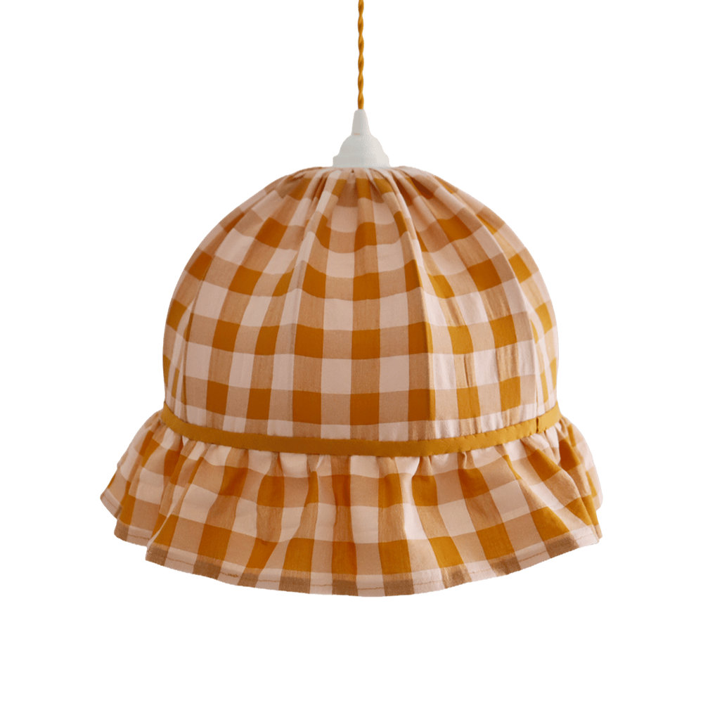 Vintage Dome Pendant Light with Ruffles in Mustard Gingham Print
