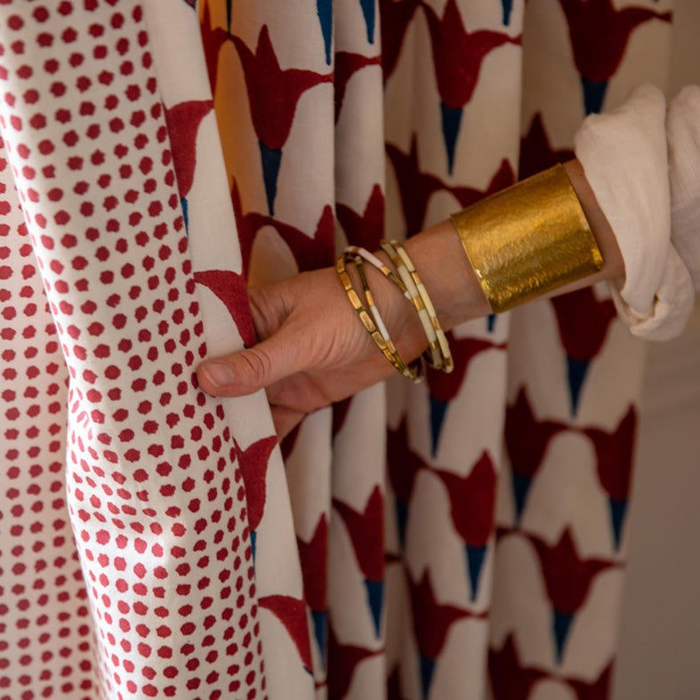 Tulip Block Printed Fabric Linen/Cotton Iron/Indigo