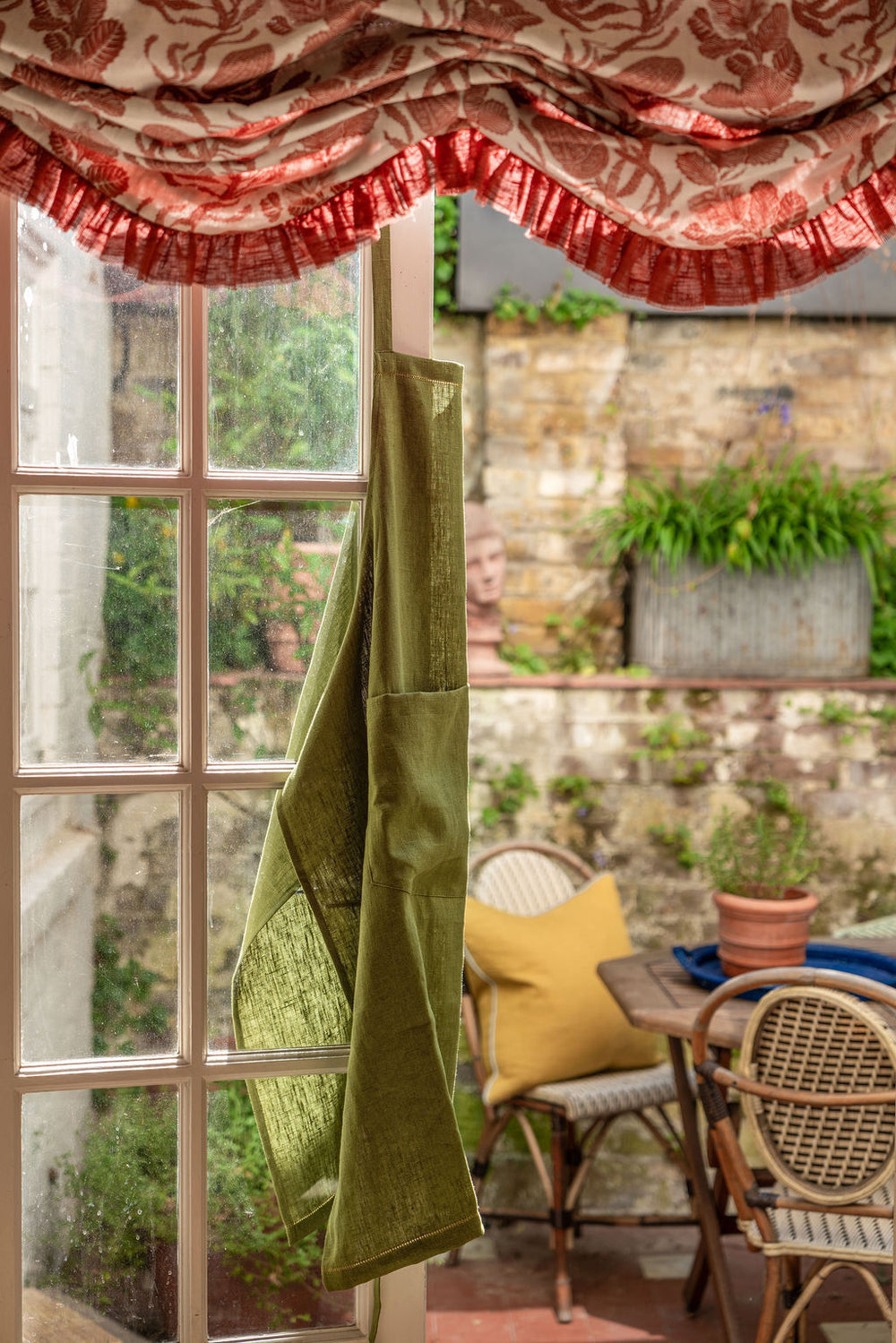 Fern Green Apron with Ochre Hemstitch