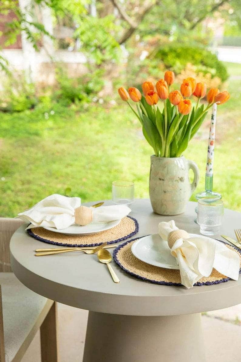 Handwoven Aura Blue Edge Placemat - Rustic Woven Raffia Tabletop Decor
