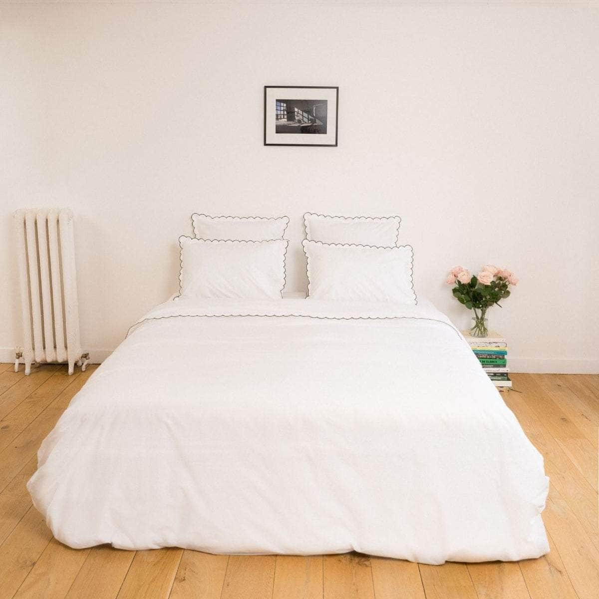 The Scalloped Bedding Set in White and Forest Green Cotton Percale