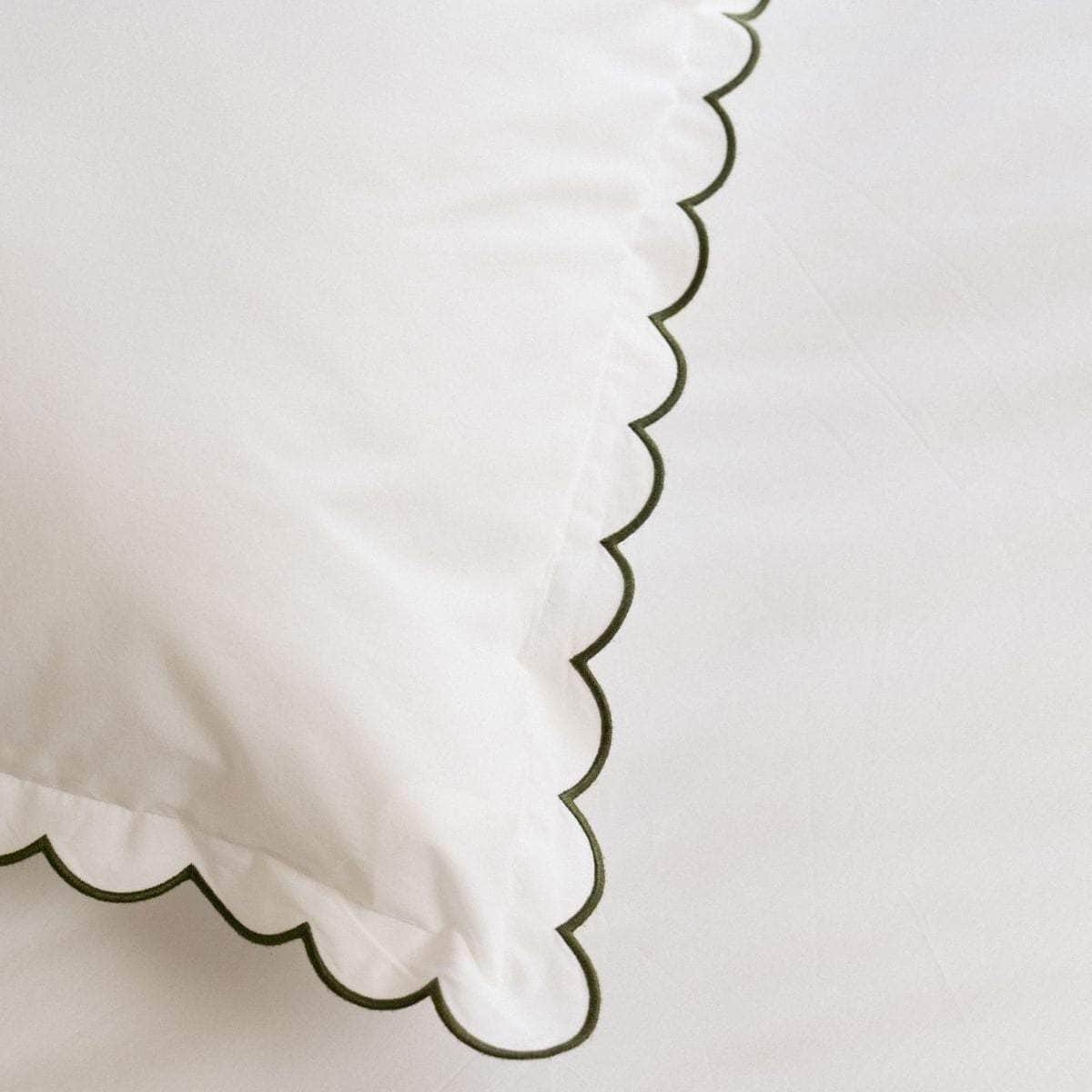 The Scalloped Bedding Set in White and Forest Green Cotton Percale