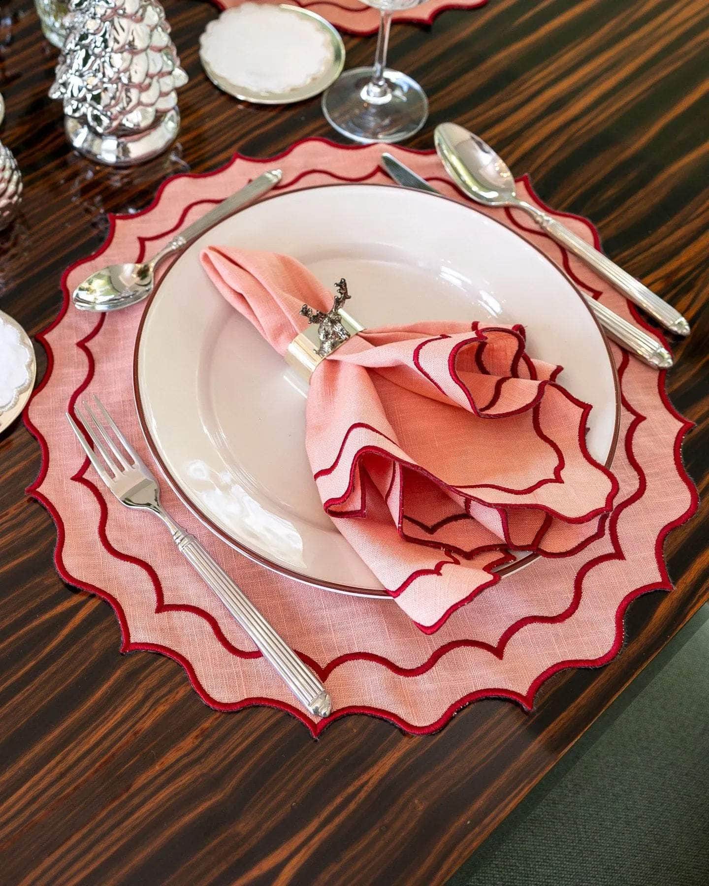 Navy Napkin, Peach Pink with Red
