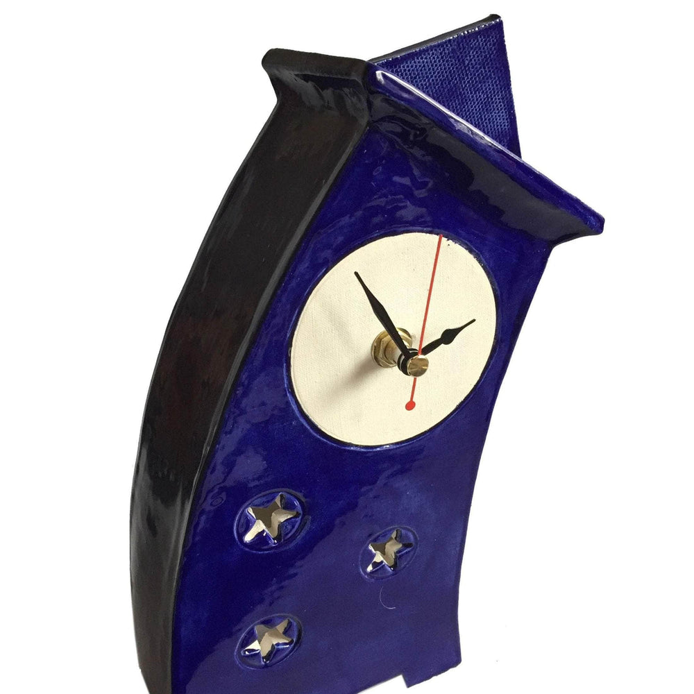 Wonky Ceramic Clock for Desk, Shelf, Mantel, Table royal blue glaze