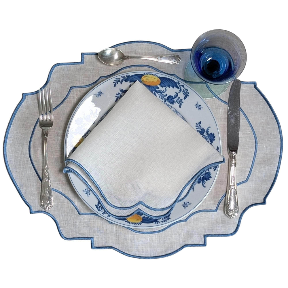 BARBADOS - Blue and White Double Piping Linen Placemat and Napkin Set