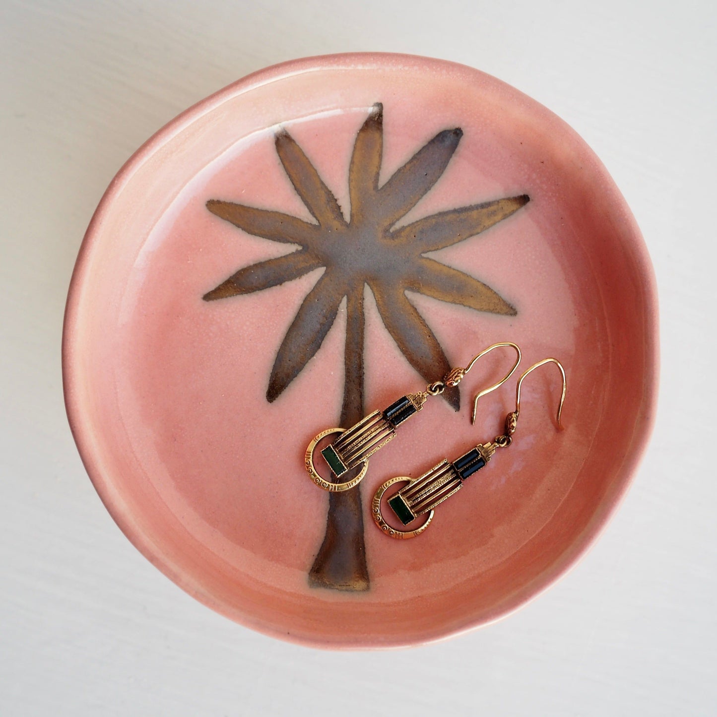 Handmade Pink and Gold Ceramic Palm Tree Ring Dish