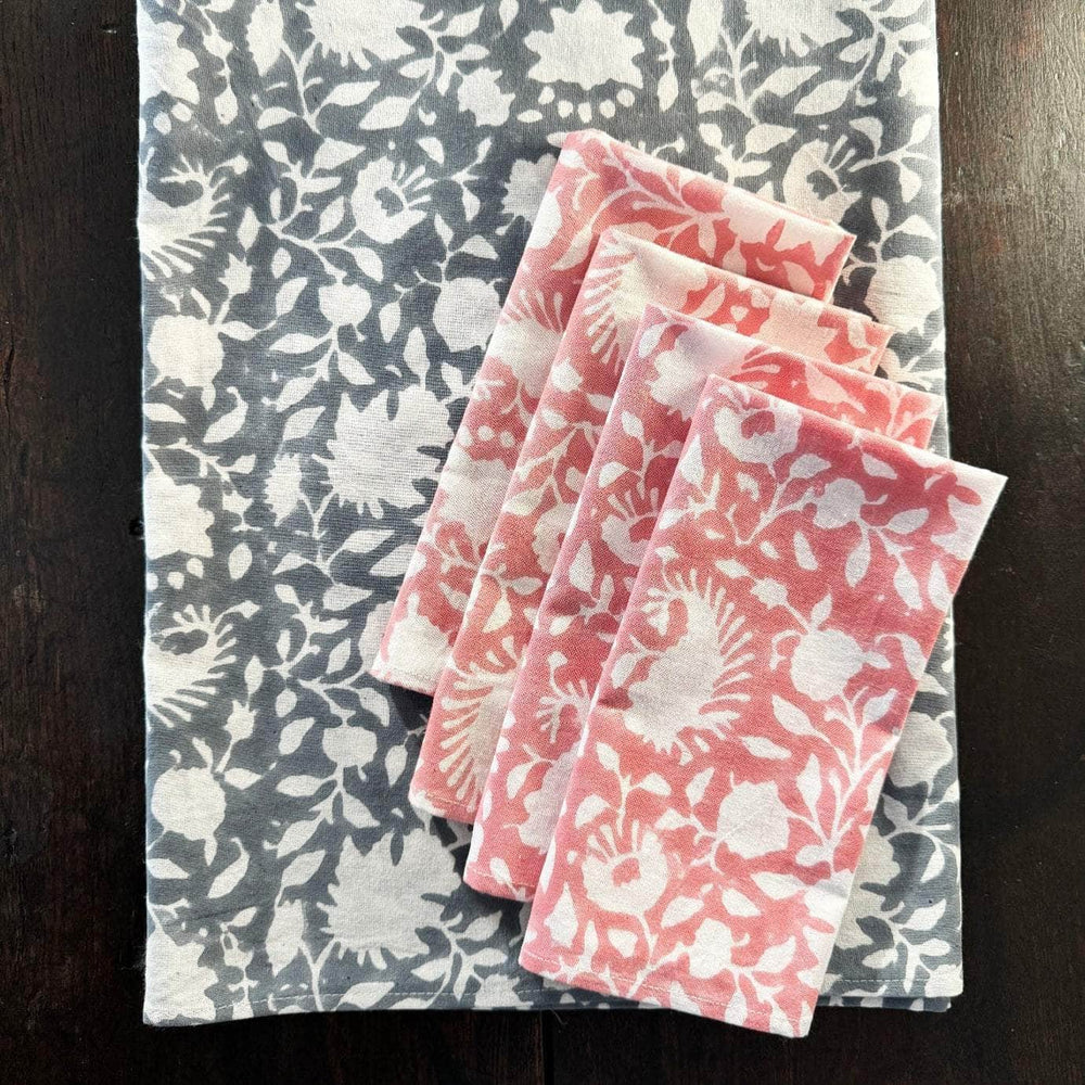 Block Printed Napkin Set of 4, Secret Garden in Pink