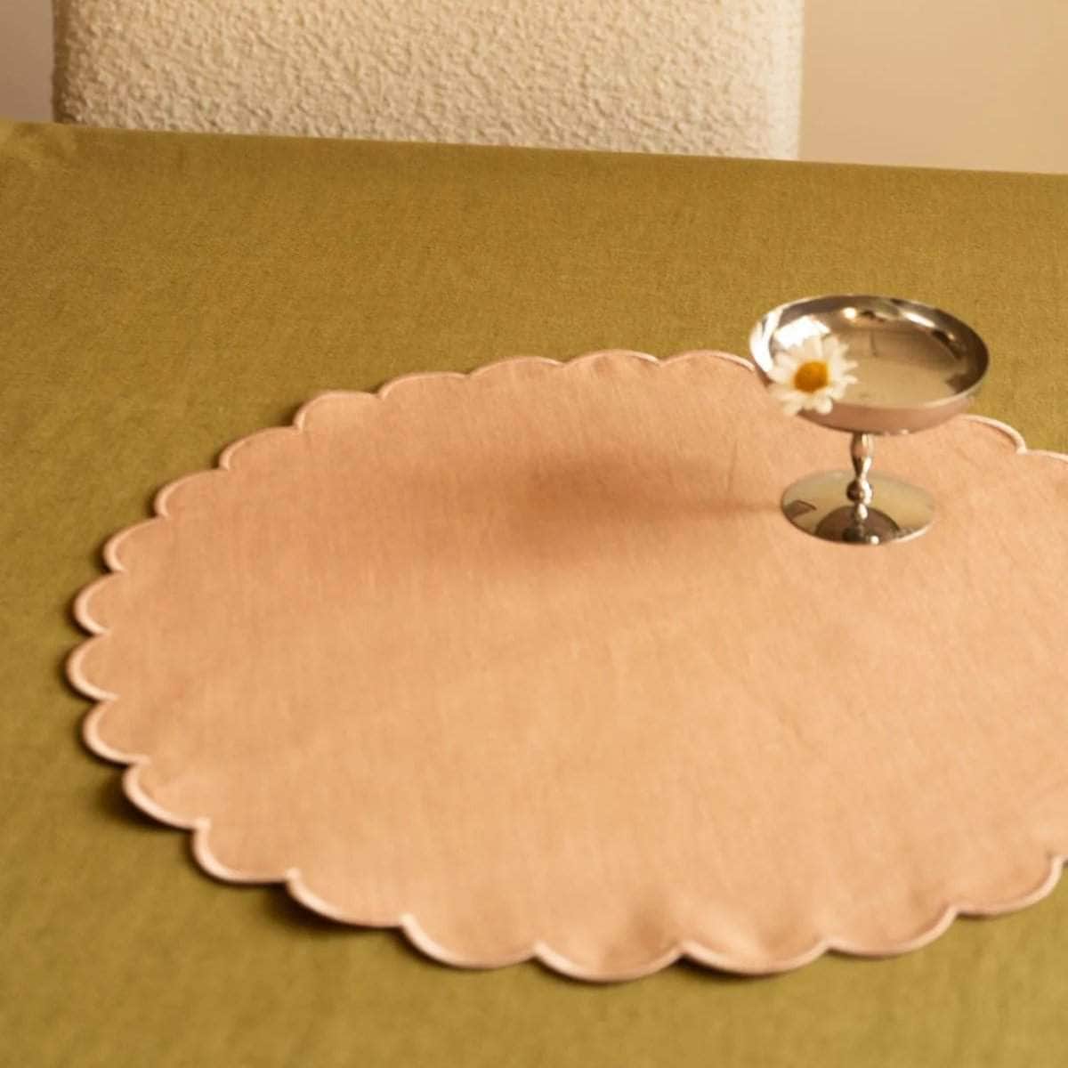 The Blushed Pink Linen Scalloped Round Placemats (Set of 2)