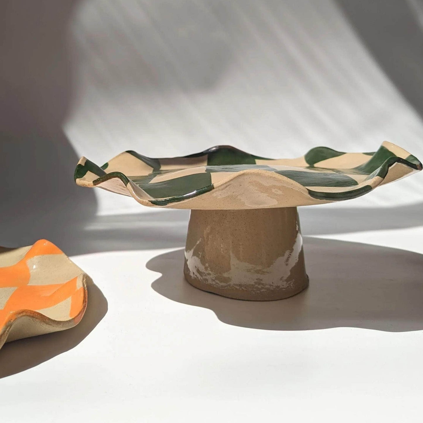 Green Wavy Check Pedestal Bowl