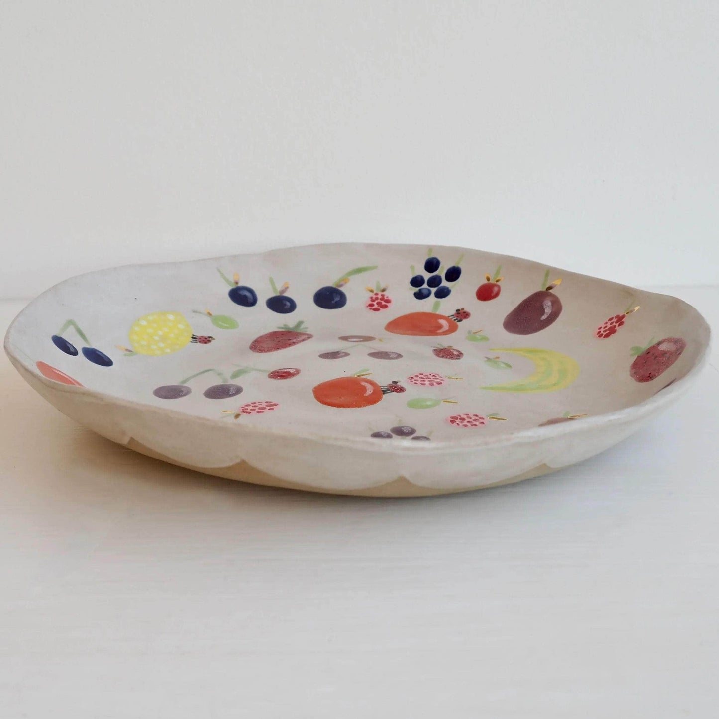 Handmade Large Ceramic Fruit Bowl with Illustrated Fruits