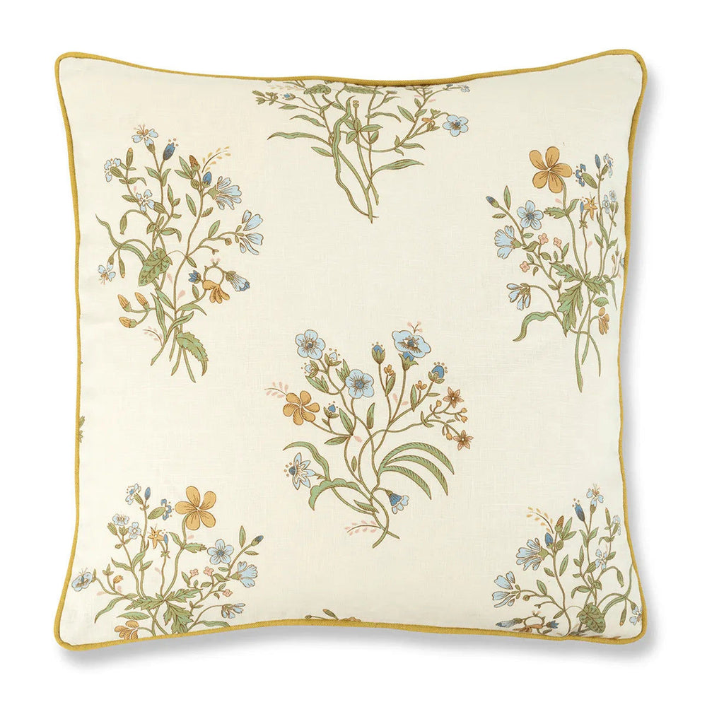 Flax & Field Flower Cushion with Contrast Reverse and Ochre Trim