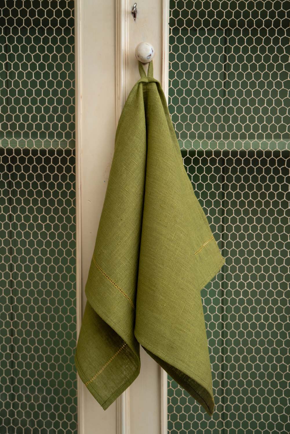 Fern Green Hand Towel with Ochre Hemstitch