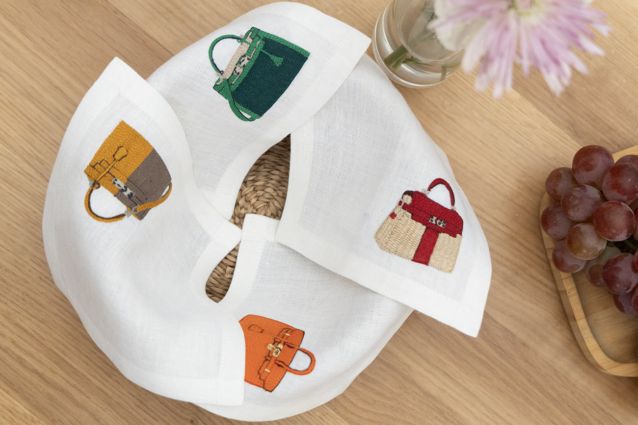 Embroidered Table Linen - Handbag Cocktail Napkins 4 (Set of 4)