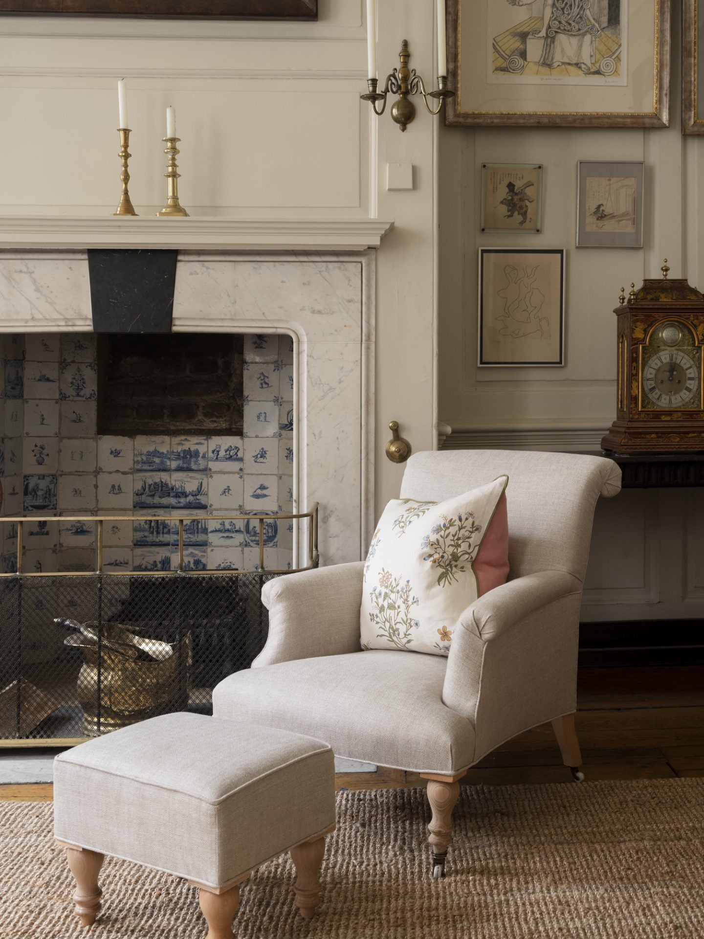 Flax & Field Flower Cushion with Contrast Reverse and Fern Green Trim