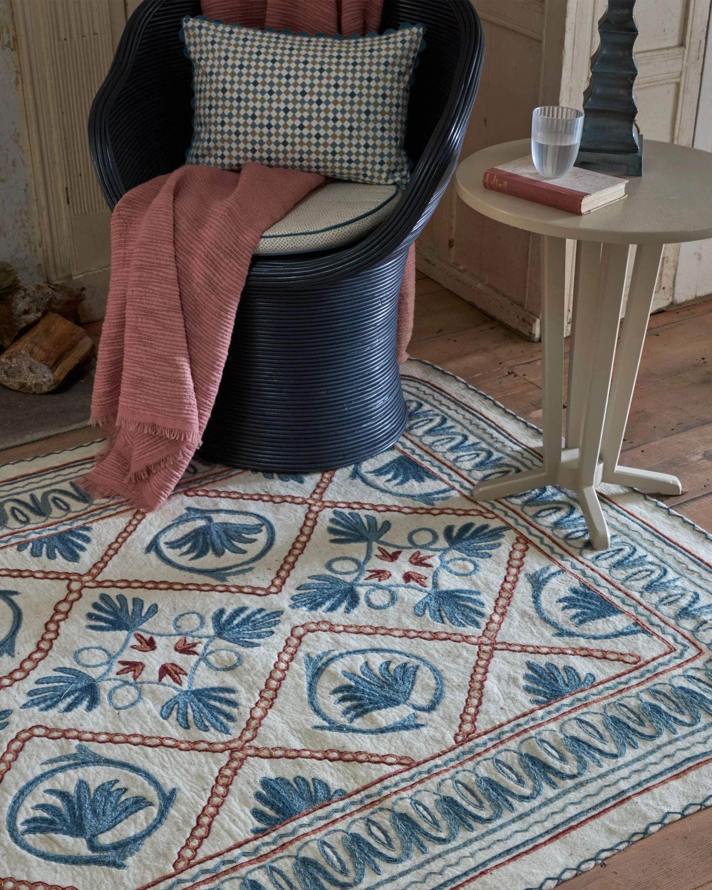 Namda Felt Embroidered Rug - Blue and Pink
